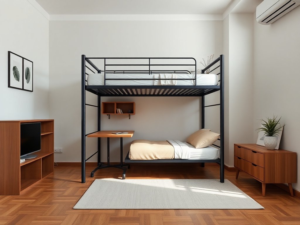 8 Lỗi Phong Thủy Thường Gặp Giường Tầng Bạn Cần Biết 4 Phòng ngủ tối giản với giường tầng kim loại và bàn học bên dưới