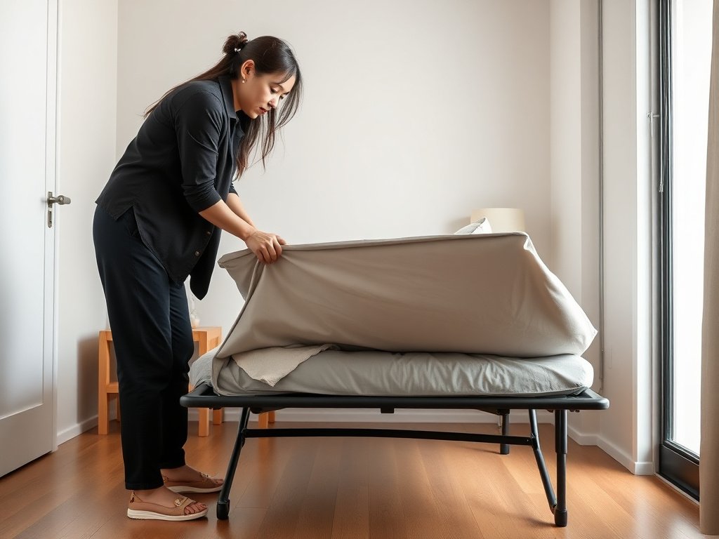 Khám Phá 7 Lợi Ích Của Giường Xếp Trong Mùa Hè 4 Một người phụ nữ Việt Nam đang lắp đặt giường xếp