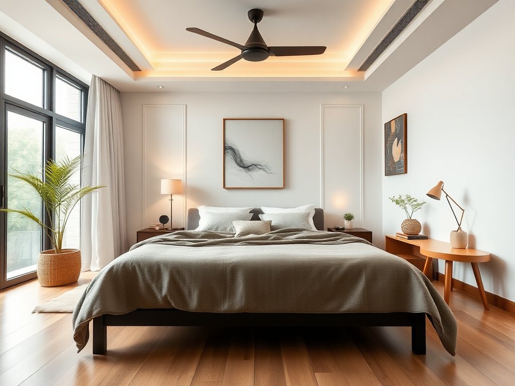 Phòng ngủ rộng rãi với giường vải và decor tối giản ở nhà Việt