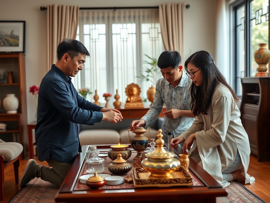6 Mẹo Bảo Dưỡng Bàn Thờ Bền Đẹp Tại Nhà 5 Gia đình Việt Nam sắp xếp đồ vật trên bàn thờ