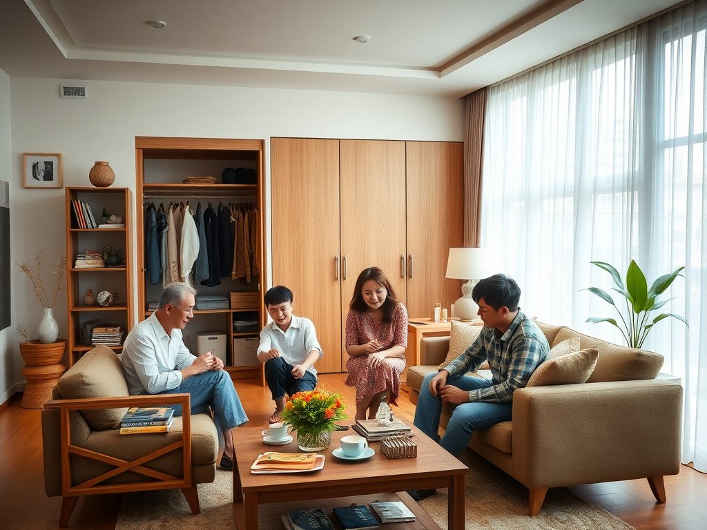 4 Cách Chống Xước Mặt Tủ Quần Áo Hiệu Quả Tại Nhà 5 Gia đình Việt Nam trong phòng khách với tủ được bảo trì tốt
