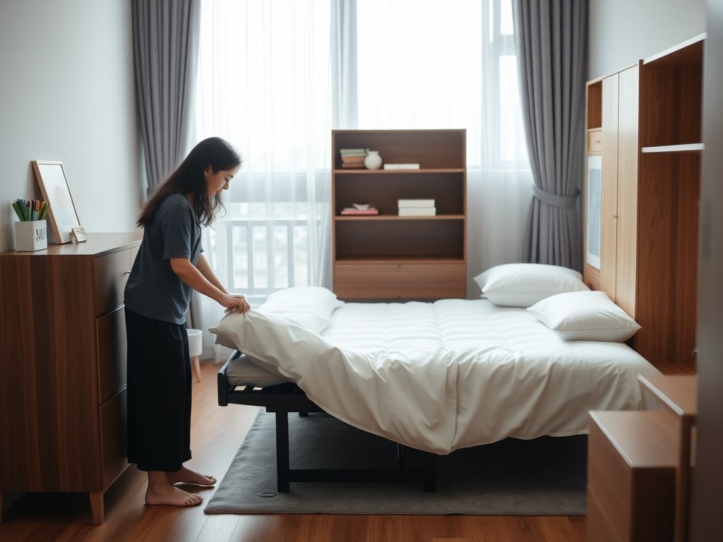 Cận cảnh khung kim loại chắc chắn của giường xếp trong căn hộ Việt Nam