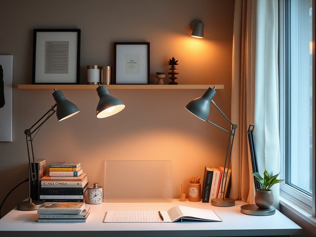 5 Cách Tận Dụng Ánh Sáng Cho Bàn Làm Việc Hiệu Quả 6 Các kiểu đèn trên bàn làm việc với nhiều ánh sáng