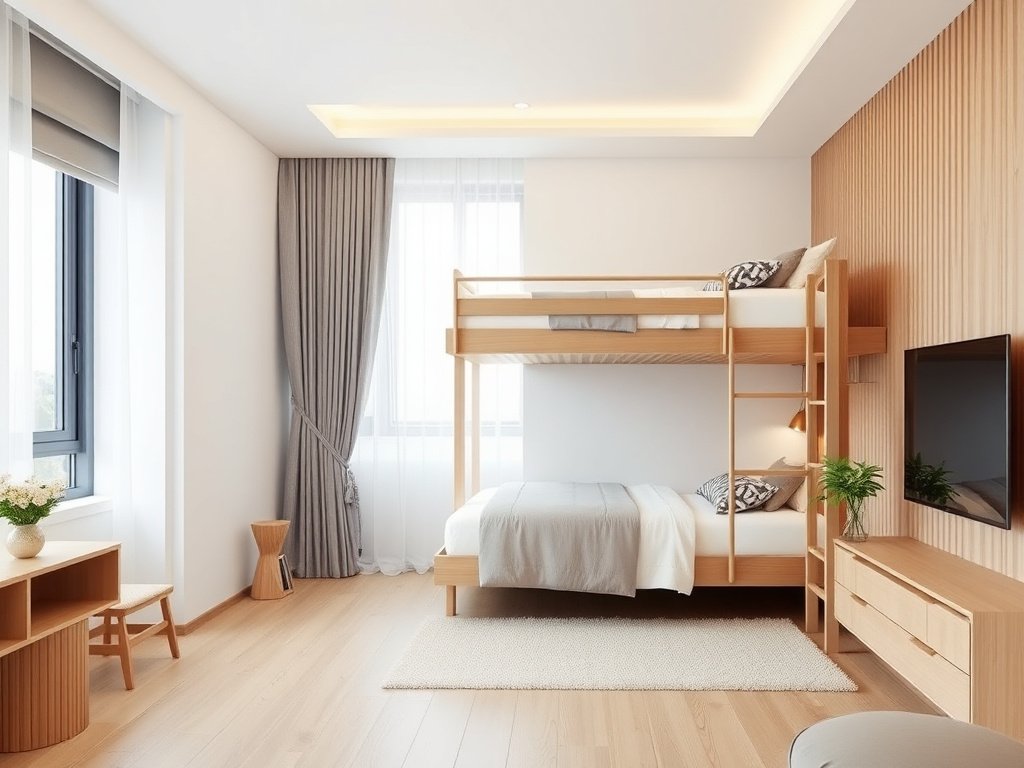 Thiết kế giường tầng tinh tế trong căn hộ sáng sủa Việt Nam, hiện đại và sạch
