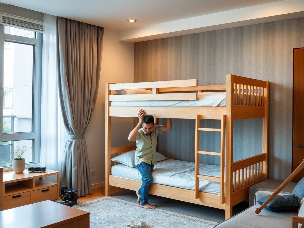 Điều Nên Tránh Khi Dùng Giường Tầng: Bí Quyết Chọn Lựa An Toàn Cho Gia Đình 6 Người cha Việt lắp đặt giường tầng trong căn hộ hiện đại