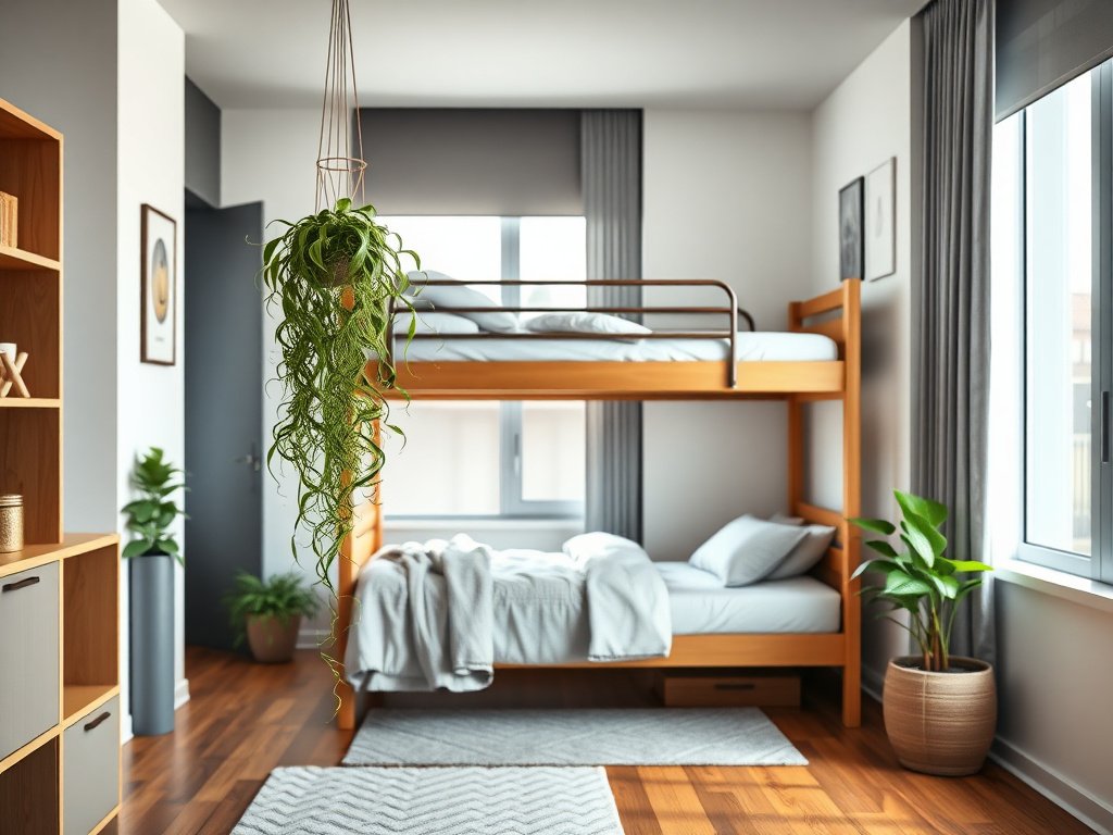 9 Loại Cây Phong Thủy Đặt Gần Giường Tầng Giúp Tăng Vượng Khí 4 Phòng ngủ chính với giường tầng thời trang và cây ngọc bích trên bàn đầu giường