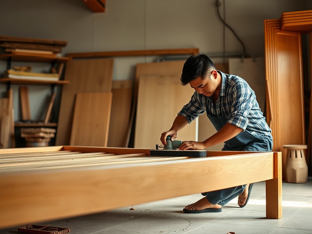 Phòng ngủ Việt Nam ấm cúng với giường gỗ được phục hồi