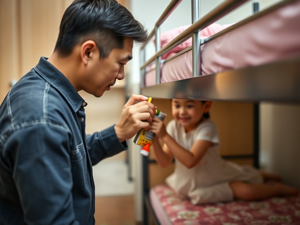 Phòng ngủ yên tĩnh Việt Nam với giường tầng và thảm giảm ồn.