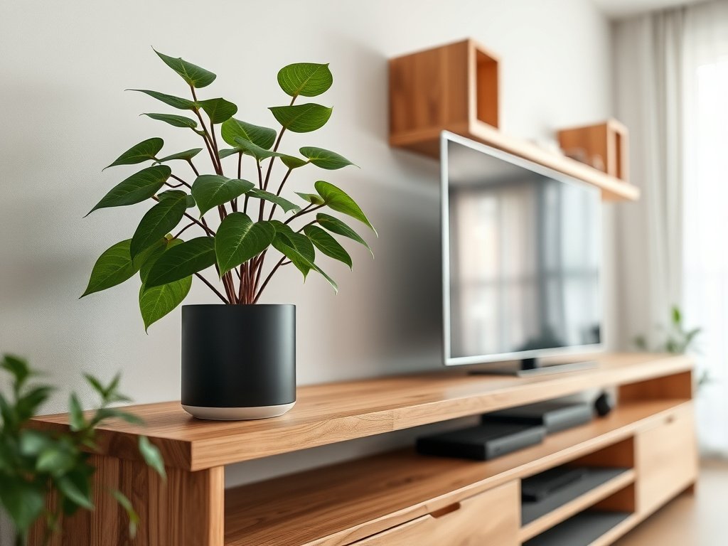 Phòng khách chung cư hiện đại với kệ tivi ít đồ đạc và sạch bụi