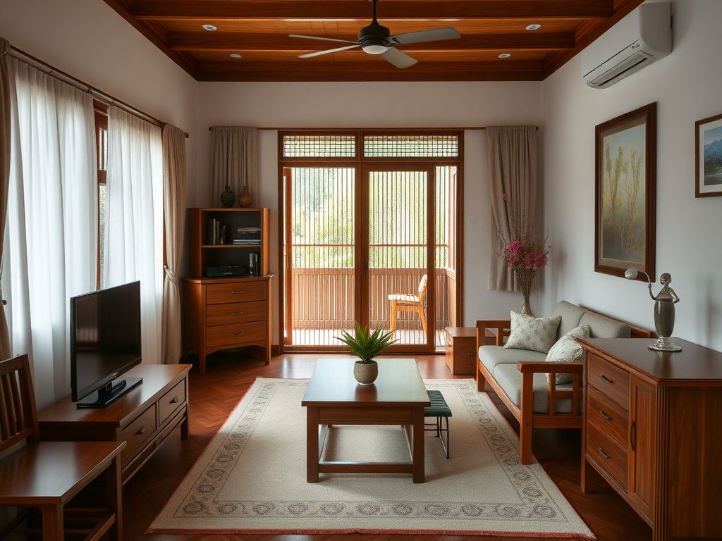 6 Cách Tránh Cong Vênh Tủ Gỗ Hiệu Quả Bạn Cần Biết 7 Bộ nội thất gỗ đặt xa ánh nắng trực tiếp trong căn hộ sáng.