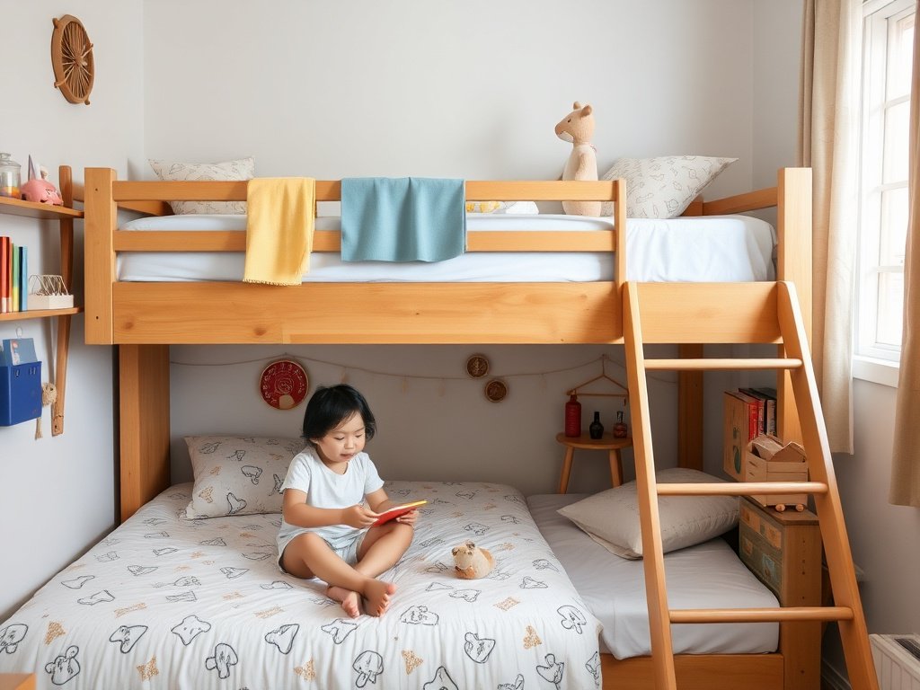 Mẹ và con Việt Nam trang trí giường tầng với vật dụng cá nhân