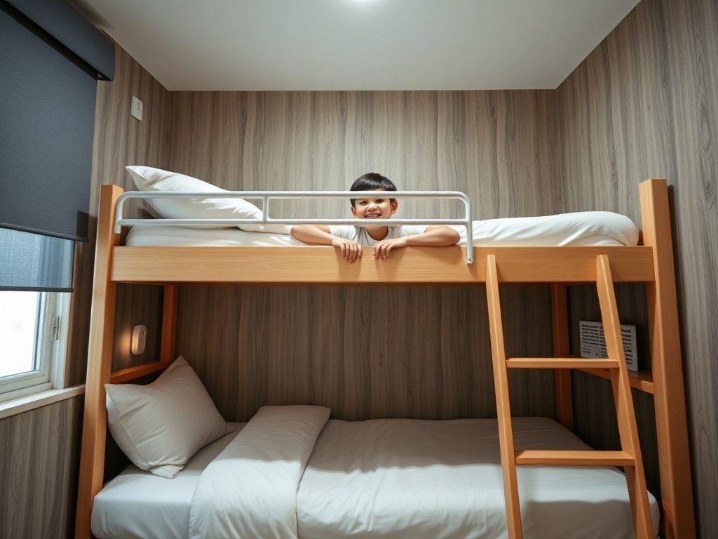 Cha và con trai Việt Nam lắp đệm im lặng cho giường tầng.