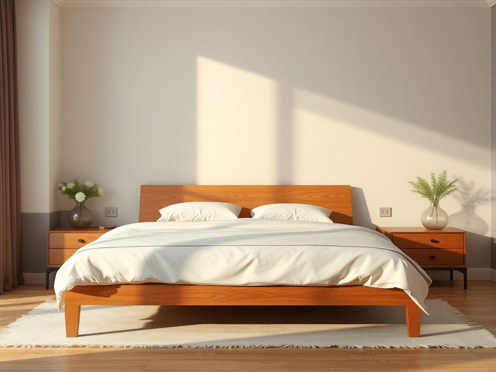 Giường gỗ với nệm và bộ đồ giường bảo vệ bề mặt giường