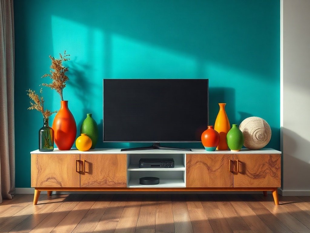 8 Cách Sắp Xếp Đồ Vật Trên Kệ Tivi Thẩm Mỹ 16 Cách 6: Phong Cách Đa Dạng Màu Sắc - cách sắp xếp đồ vật trên kệ tivi thẩm mỹ