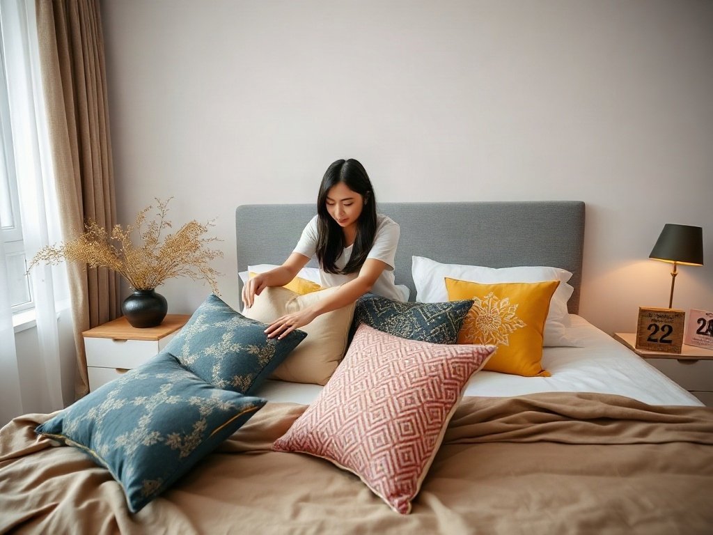 Khám Phá 8 Ý Tưởng Đặt Đồ Vật Trên Giường Ngủ Tinh Tế và Tiện Lợi 2 Ý tưởng 1: Sử dụng gối trang trí - ý tưởng đặt đồ vật trên giường ngủ