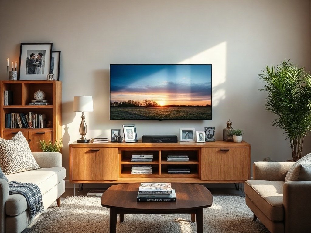 8 Cách Sắp Xếp Đồ Vật Trên Kệ Tivi Thẩm Mỹ 3 Cách 1: Bố trí Tối Giản - cách sắp xếp đồ vật trên kệ tivi thẩm mỹ